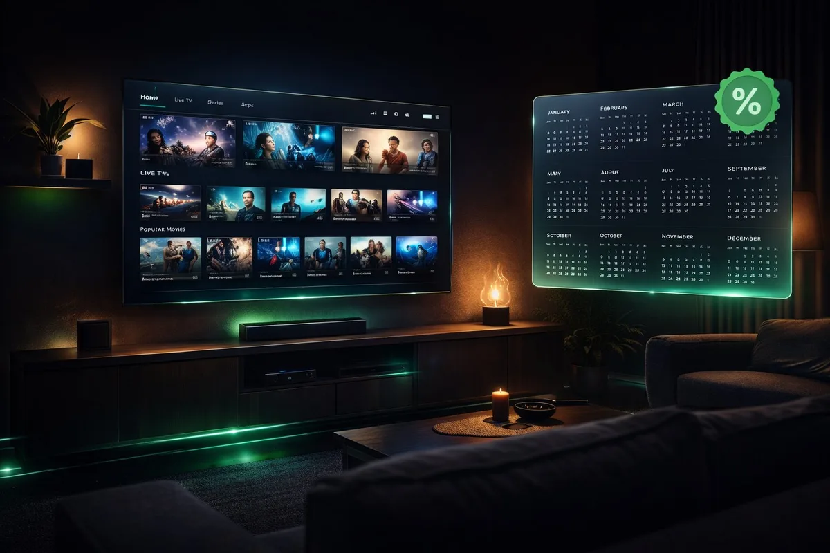 Abonnement IPTV 12 mois Smart TV - Salon moderne avec télévision connectée