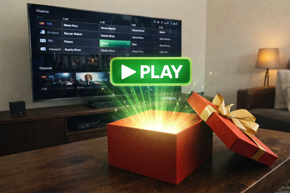 Essai gratuit IPTV - Cadeau avec bouton play et télévision en arrière-plan